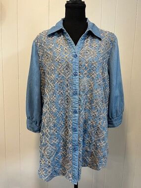bua bua Geometric Embroidered Chambray Denim Button Down Shirt Tunic sz XL